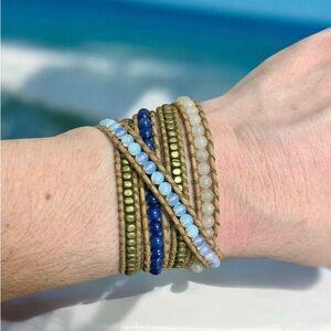 Blue and Gold Beaded Multi Wrap Bracelet.  Beaded cuff bracelet